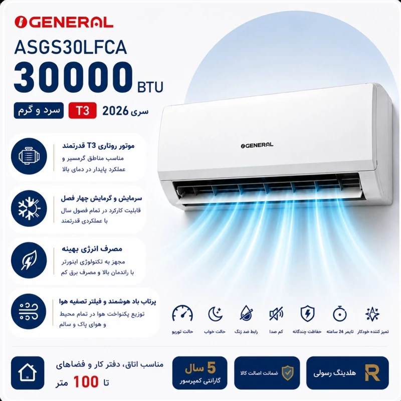خرید کولر گازی اوجنرال 30 هزار مدل ASGS30LFCA سری 2026 | کالا 22